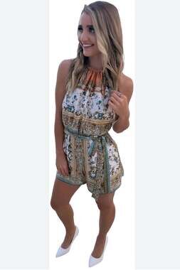 Vacation Halter Romper, White Paisley Print Halter Romper Resort Wear Chic